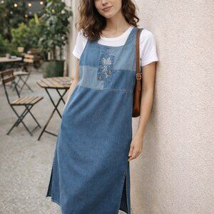 Vintage Y2K Nina Piccalino Womens Blue Embroidered Denim Jumper Dress Size 16